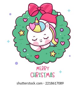 Cute unicorn cartoon in Christmas wreath on door. X mas card (happy new year kids) cartoon animal kawaii vector for fairy tale book. Perfect make a wish for winter festival,celebration party children.