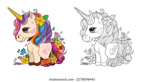 cute unicorn cartoon with colorful mane