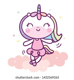 Cute Unicorn Cartoon dance on cloud Baby Animal Vector Pastel color with heart and love star, Kawaii Pony character, Valentines day: Perfect for child's greeting card design, t-shirt print, inspiration