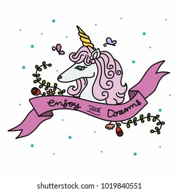 Cute unicorn cartoon and enjoy your dreams word vector illustration