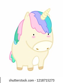 Cute unicorn. Cartoon fairy magic pony on rainbow. Funny fairytale pink rainbow horned horse character for t-shirt, birthday greeting card, sticker vector design 
