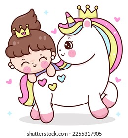 Cute Einicorn Cartoon und Fairy Princess Baby (Valentine Girl). Serie: Liebesfestival kawaii Vektor. Perfekt für ein Märchenbuch, Fest-Party-Kinder, Grußkarte, Kindergarten.