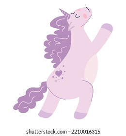 Cute unicorn in cartoon flat style. Vector illustration of baby horse, pony animal in purple color for fabric print, apparel, children textile design, card.