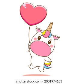 Cute unicorn cartoon floating with balloon. Vector illustration of chibi character isolated on white background. 