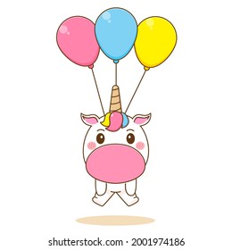 Cute unicorn cartoon floating with balloon. Vector illustration of chibi character isolated on white background. 