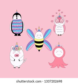 Cute unicorn cartoon hand drawn style.vector and illustration