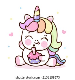Cute unicorn cartoon   happy birthday cake yummy dessert: Series fairy girl child pony kawaii animal character (flat Girly doodles)  Perfect Nursery children  kids  greeting card  baby shower girl 