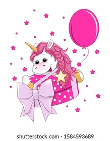 Cute unicorn cartoon with heart, isolated on white.Happy Valentines Day. White Unicorn  for on children design. Sweet fantasy character for t-shirts and cards. Vector stock illustration.