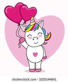cute unicorn cartoon with heart-shaped balloons