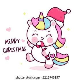 Cute unicorn cartoon holding Christmas candy sweet. X mas card (happy new year kids) cartoon animal kawaii vector for fairy tale book. Perfect make a wish for winter festival, celebration party child.