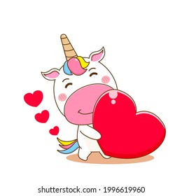 Cute unicorn cartoon holding heart love. Vector illustration of chibi character isolated on white background.