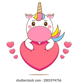 Cute unicorn cartoon holding heart simbol. Vector illustration of chibi character isolated on white background.