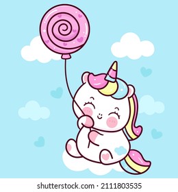 Cute unicorn cartoon holding sweet candy balloon Valentines day: Series fairy girl child princess pony kawaii animal character (flat Girly doodles). Perfect Nursery children, kids, greeting card,baby.