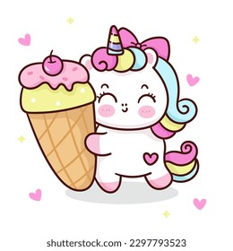 Cute unicorn cartoon hug giant ice cream sweet dessert. Series: Kawaii animal pony isolated on white background (Character cartoon) Holiday activities. Perfect make a wish for baby t shirt fairy tale.