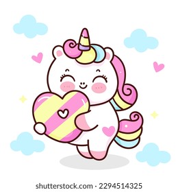 Cute unicorn cartoon hug heart donut for café logo, bakery shop. Series: Kawaii animal pony isolated on white background (Character cartoon) Holiday activities. Perfect make a wish for baby t shirt.