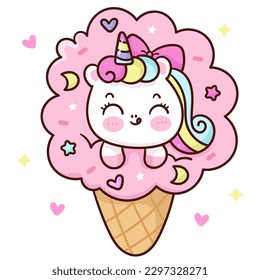 Cute unicorn cartoon in ice cream sweet dessert. Series: Kawaii animal pony isolated on white background (Character cartoon) Holiday activities. Perfect make a wish for baby t shirt fairy tale book.