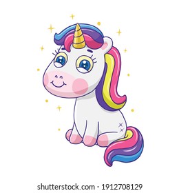 Cute unicorn cartoon isolated on white background.