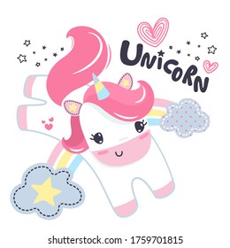 Cute unicorn cartoon jumping over rainbow isolated on white background illustration vector.