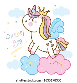 Cute Unicorn cartoon, Kawaii vector pony child horse horn: Series Girly doodles (Fairytale animal).Magic sweet Pastel character perfect for Nursery Wall children, baby shower card, t shirt, fashion.