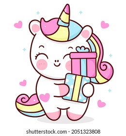 Cute unicorn cartoon kawaii vector holding birthday gift animal horn horse fairytale illustration: Series Pony child girly doodle  Isolated white background  Perfect make wish for party  card 