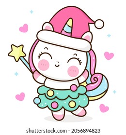 Cute unicorn cartoon kawaii vector wear santa hat Christmas festival animal horn horse fairytale illustration with magic wand: Series Pony child girly doodle happy New year, x mas.Perfect make a wish.