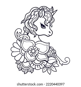 Cute Unicorn cartoon mandala arts isolated on white background