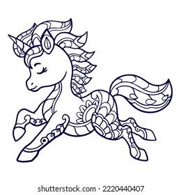 Cute Unicorn Cartoon mandala Art einzeln auf weißem Hintergrund