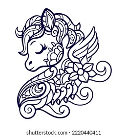 Cute Unicorn cartoon mandala arts isolated on white background