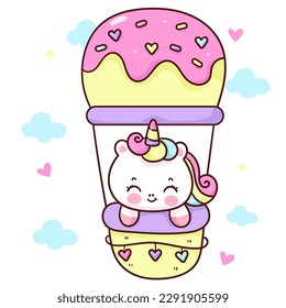 Cute unicorn cartoon on balloon ice cream summer. Series: Kawaii animal pony isolated on white background (Character cartoon) Holiday activities. Perfect make a wish for baby t shirt fairy tale book.