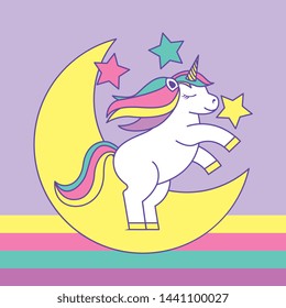 cute unicorn cartoon on moon with stars and rainbow vector illustration