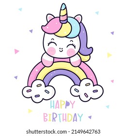 Cute unicorn cartoon on sprinkles rainbow: Series fairy girl child pony kawaii animal character (flat Girly doodles). Perfect Nursery children, kids, greeting card, baby shower girl, fabric design.