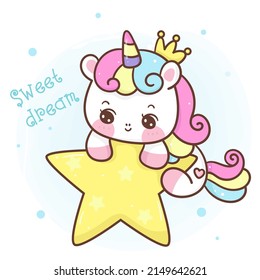 Cute unicorn cartoon on star: Series fairy girl child pony kawaii animal character (flat Girly doodles). Perfect Nursery children, kids, greeting card, baby shower girl, fabric design, Print t shirt.