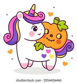 Cute unicorn cartoon with orange Pumpkin Halloween baby trick or treat kids kawaii vector animal horn horse fairytale illustration: Series Pony child girly doodle. Isolated on white background.