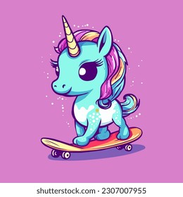 Dibujo de unicornio lindo tocando patineta