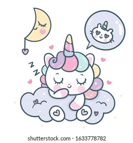 Cute Unicorn cartoon pony child vector with magic sleeping time for sweet dream, Kawaii character, Girly doodles (Illustration): Nursery Wall Fairytales magic, hand drawn. Perfect kid greeting card.