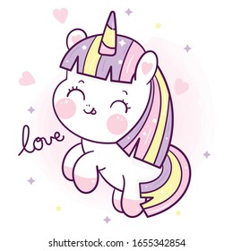 Caricatura de Cute Unicorn pony amor infantil vector, personaje animal Kawaii, garabatos de Girly (Ilustración): Nursery Wall Fairytales mágico, dibujado a mano. Perfecta tarjeta de saludo para niños, Imprimir en pantalones, arte de moda.