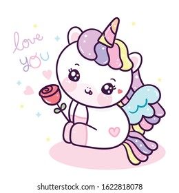 Cute Unicorn cartoon pony princess vector, little girl Kawaii character, Girly doodles (Illustration): Nursery Wall Fairytales magic, hand drawn. Perfect for kid greeting card, Print t shirt, fashion.