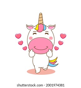 Cute unicorn cartoon posing love finger. Vector illustration of chibi character isolated on white background. 