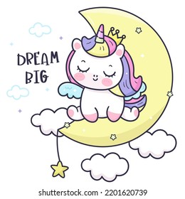 Cute Unicorn cartoon Princess Pegasus baby sleeping night on moon (Kawaii vector). Series: Fairy tale animal, girly doodles. Perfect make a wish for birthday party children, princess party, pattern.