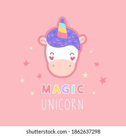 Cute unicorn, cartoon print for t-shirt, sticker, card. Vector isolated illustration on a pink background.