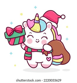 Cute unicorn cartoon Santa Christmas bag. X mas card (happy new year kids) animal kawaii vector for fairy tale book. Perfect make a wish for winter festival, celebration party children,princess party.