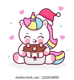 Cute unicorn cartoon Santa Christmas drink hot chocolate. X mas card (happy new year kids) animal kawaii vector for fairy tale book. Perfect make a wish for winter festival,celebration party children.