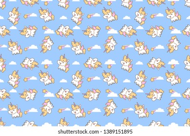 Cute unicorn cartoon seamless pattern on blue background