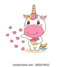 Cute unicorn cartoon sharing love. Vector illustration of chibi character isolated on white background.