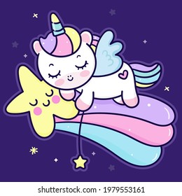Cute Unicorn cartoon sleep on star pony child cartoon kawaii animals background sweet dream: Series fairy tale characters horse (flat Girly doodles). Perfect Nursery children, kids, greeting card.