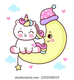 Cute unicorn cartoon sleep on moon. Series: Kawaii animal pony isolated on white background (Character cartoon) Holiday activities. Perfect make a wish for baby t shirt fairy tale book, celebration.