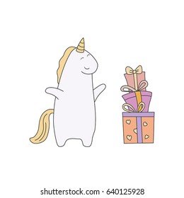 Cute unicorn in cartoon style on white background. Birthday party element.