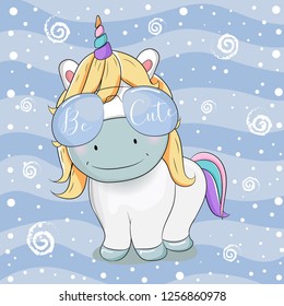 cute unicorn cartoon with sunglasses on striped background