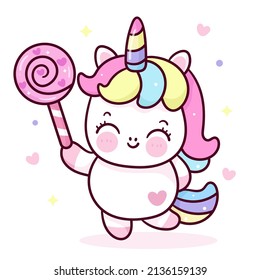 Cute unicorn cartoon and sweet candy yummy dessert: Series fairy girl child pony kawaii animal character (flat Girly doodles). Perfect Nursery children, kids, greeting card, baby shower girl, fabric.