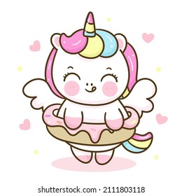 Cute unicorn cartoon and sweet donut vector Valentines day: Series fairy girl child princess pony kawaii animal character (flat Girly doodles). Perfect Nursery children, kids, greeting card, baby.
